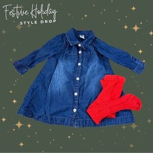 Old Navy 6-12m Girls Denim long sleeve Button Down Dress w/ pocket + Red tights